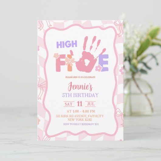 Pink Bow Pastel Retro High Five Party Birthday 招待状 (スタンド正面)
