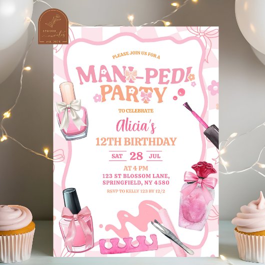 Pink Bow Pastel Retro Mani Pedi Party Birthday 招待状