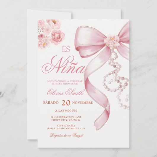 Pink Bow Pearl Floral Es Nina Spanish Baby Shower  招待状 (正面)