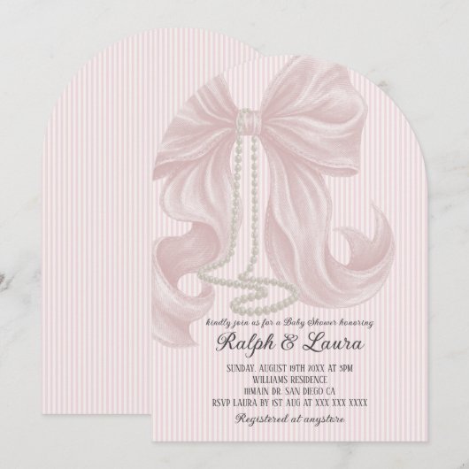 Pink Bow Pearl Girl Baby Shower 招待状 (正面/裏面)