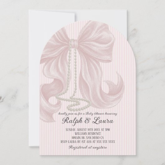 Pink Bow Pearl Girl Baby Shower 招待状 (正面)