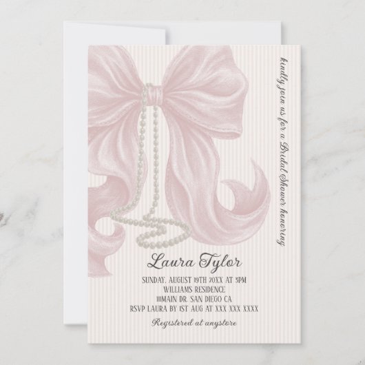 Pink Bow Pearl Necklace Bridal Shower 招待状 (正面)