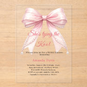 Pink bow pearl tying the knot luxury Bridal Shower アクリル招待状 (正面)