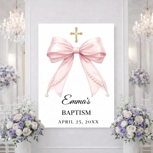 Pink bow pearls Baptism welcome ポスター