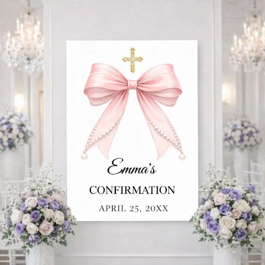 Pink bow pearls Confirmation welcome ポスター