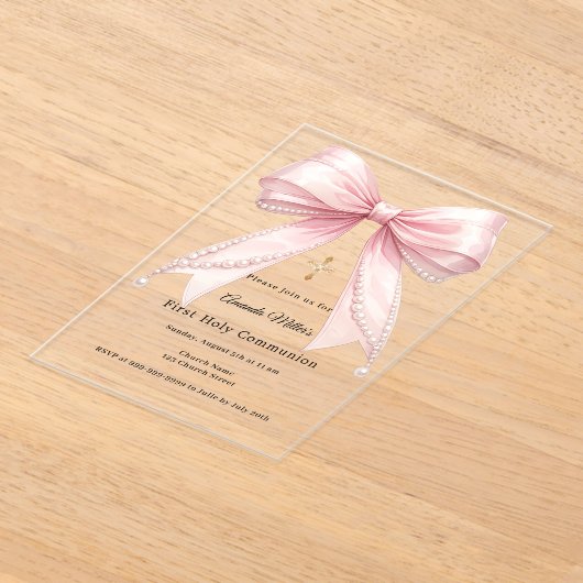 Pink bow pearls elegant luxury First Communion アクリル招待状 (レイダウン)