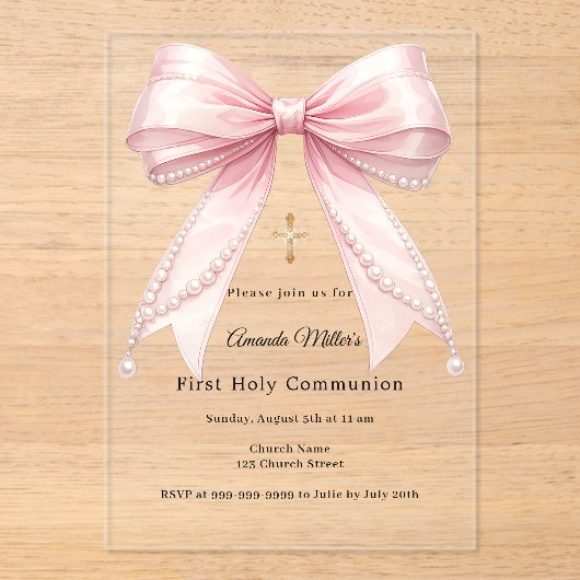 Pink bow pearls elegant luxury First Communion アクリル招待状 (正面)