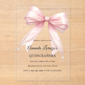 Pink bow pearls elegant Quinceanera luxury clear アクリル招待状 (正面)