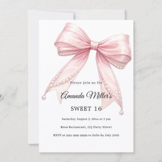 Pink bow pearls elegant Sweet 16 luxury 招待状 (正面)