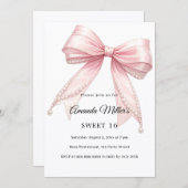 Pink bow pearls elegant Sweet 16 luxury 招待状 (正面/裏面)