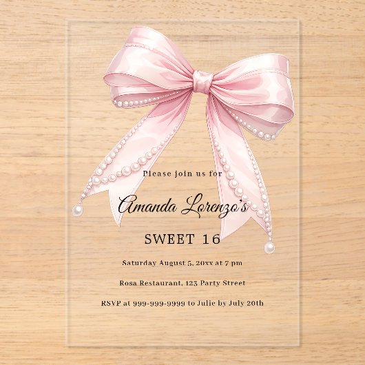 Pink bow pearls elegant Sweet 16 luxury clear アクリル招待状 (正面)