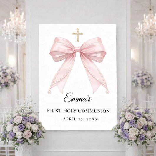 Pink bow pearls First Holy Communion welcome ポスター