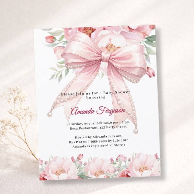 Pink bow pearls floral girl Baby Shower invitation (クリエイターアップロード済み)