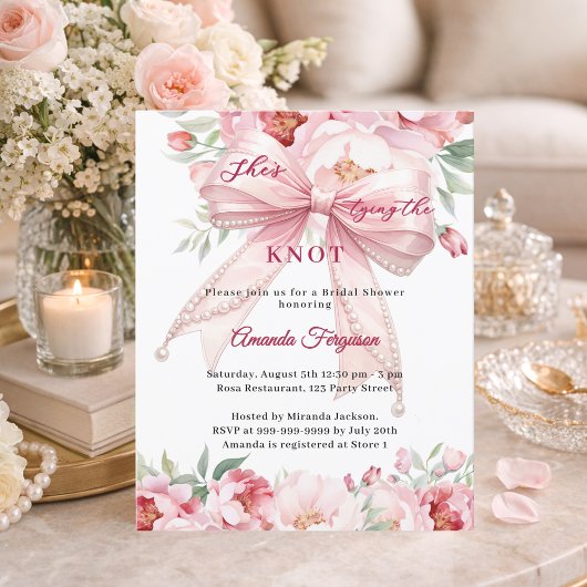 Pink bow pearls florals Bridal Shower invitation