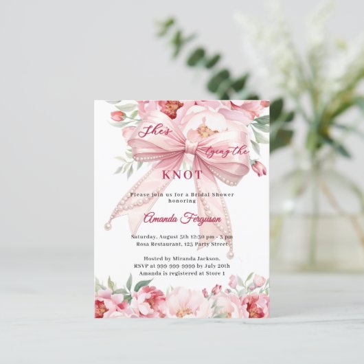 Pink bow pearls florals Bridal Shower invitation (スタンド正面)