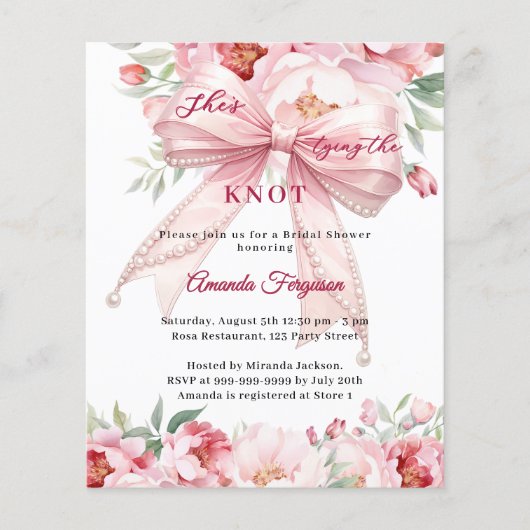 Pink bow pearls florals Bridal Shower invitation (正面)
