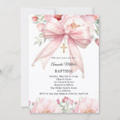 Pink bow pearls florals girl Baptism 招待状 (正面)