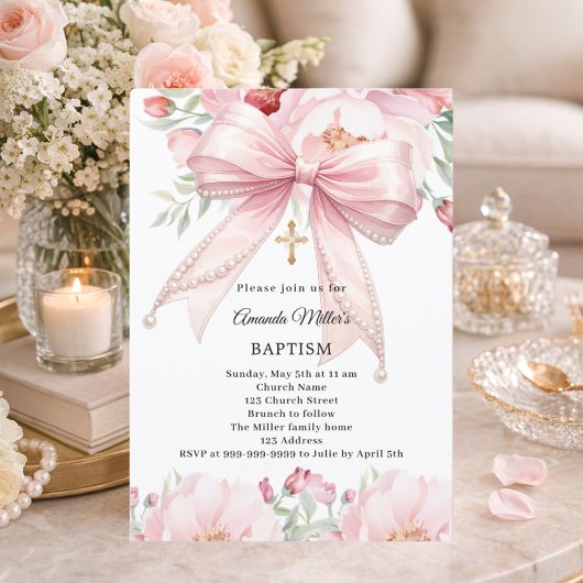 Pink bow pearls florals girl Baptism 招待状
