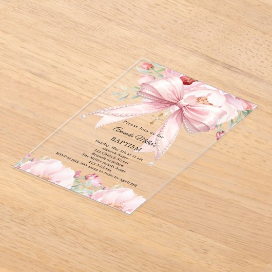 Pink bow pearls florals girl clear Baptism アクリル招待状 (レイダウン)