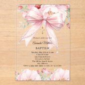 Pink bow pearls florals girl clear Baptism アクリル招待状 (正面)