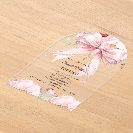 Pink bow pearls florals girl clear Baptism arch アクリル招待状 (レイダウン)