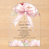 Pink bow pearls florals girl clear Baptism arch アクリル招待状 (正面)