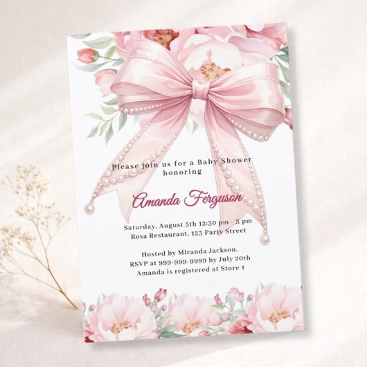 Pink bow pearls florals girl elegant Baby Shower 招待状