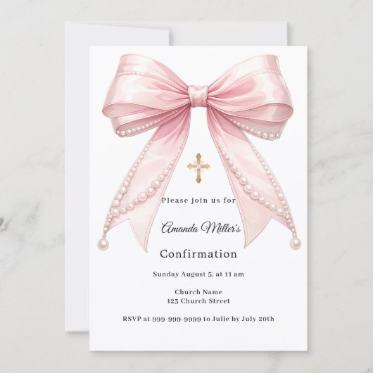 Pink bow pearls girl elegant Confirmation 招待状 (正面)