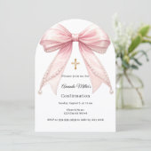 Pink bow pearls girl elegant Confirmation Arch 招待状 (スタンド正面)