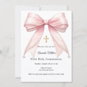 Pink bow pearls girl elegant First Communion 招待状 (正面)