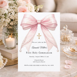 Pink bow pearls girl elegant First Communion 招待状