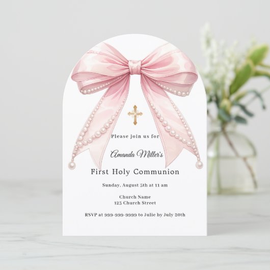 Pink bow pearls girl elegant First Communion Arch 招待状 (スタンド正面)