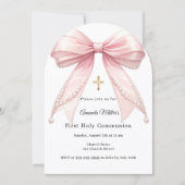 Pink bow pearls girl elegant First Communion Arch 招待状 (正面)
