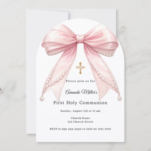 Pink bow pearls girl elegant First Communion Arch 招待状 (正面)