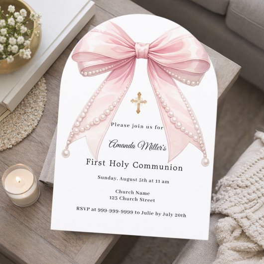 Pink bow pearls girl elegant First Communion Arch 招待状