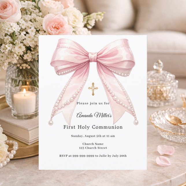 Pink bow pearls girl First Communion invitation (クリエイターアップロード済み)
