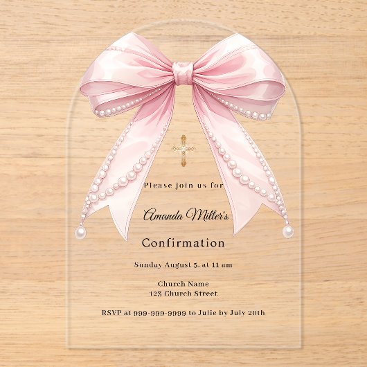 Pink bow pearls girl luxury Confirmation arch アクリル招待状 (正面)
