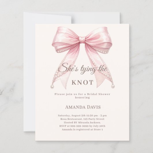 Pink bow pearls knot Bridal Shower invitation (正面)