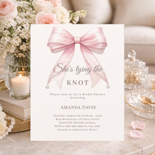 Pink bow pearls knot Bridal Shower invitation