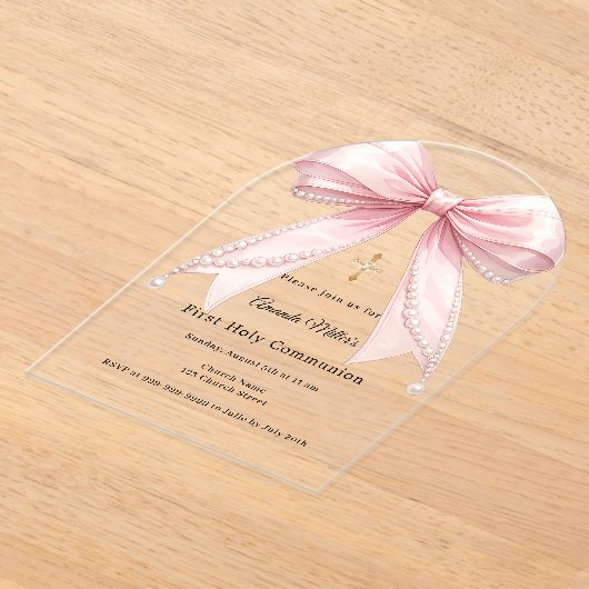 Pink bow pearls luxury First Communion arch アクリル招待状 (レイダウン)