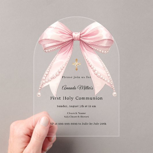 Pink bow pearls luxury First Communion arch アクリル招待状 (インサイチュ (ポータブル))