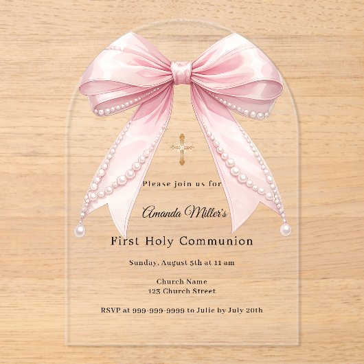 Pink bow pearls luxury First Communion arch アクリル招待状 (正面)