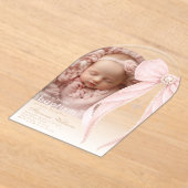 Pink Bow Pearls Photo Baby girl Baptism アクリル招待状 (レイダウン)