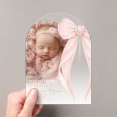 Pink Bow Pearls Photo Baby girl Baptism アクリル招待状 (インサイチュ (ポータブル))