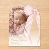 Pink Bow Pearls Photo Baby girl Baptism アクリル招待状 (正面)