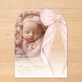 Pink Bow Pearls Photo Baby girl Baptism アクリル招待状
