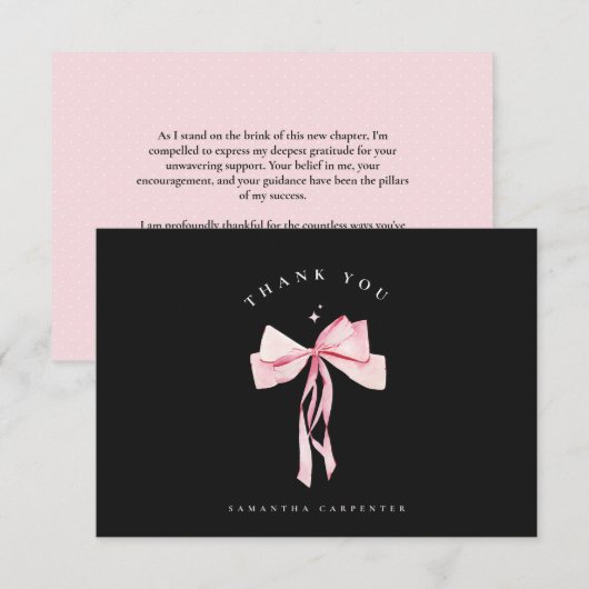 Pink Bow photo black background elegant graduation サンキューカード (正面/裏面)