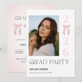 Pink Bow Photo Grad Party Graduation 招待状 (正面/裏面)