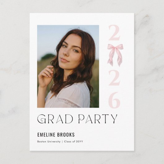 Pink Bow Photo Grad Party Graduation Invitation ポストカード (正面)