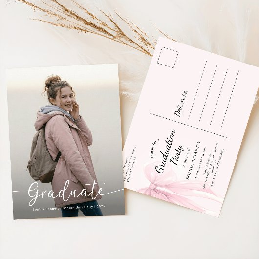 Pink Bow Photo Graduation Party Invitation ポストカード